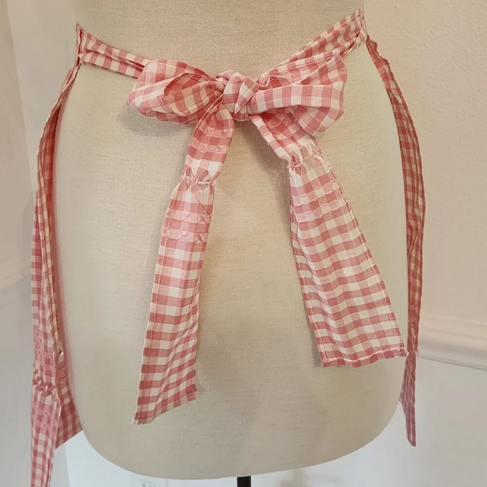 Vintage Handmade Pink & White Gingham Apron With Pocket & Bow Tie